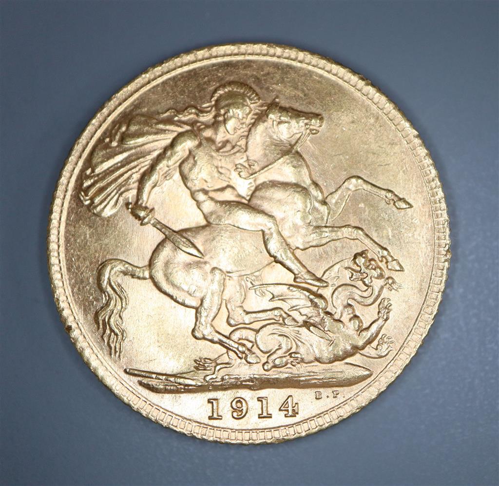 A George V 1914 gold sovereign.